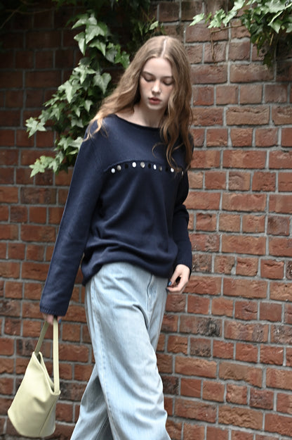 Random button relax knit pullover / fog navy