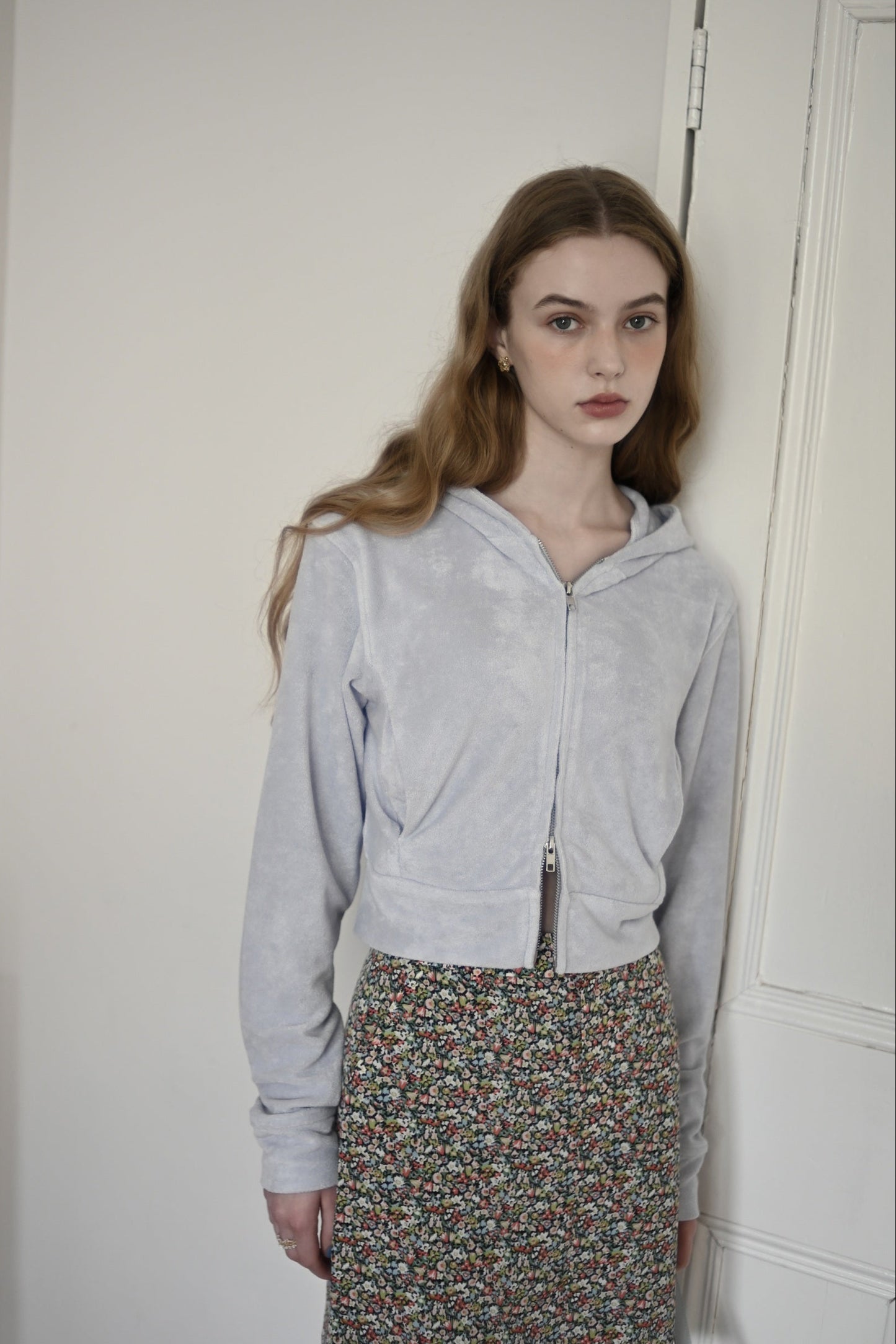 Double open pile hoodie / blue guimauve