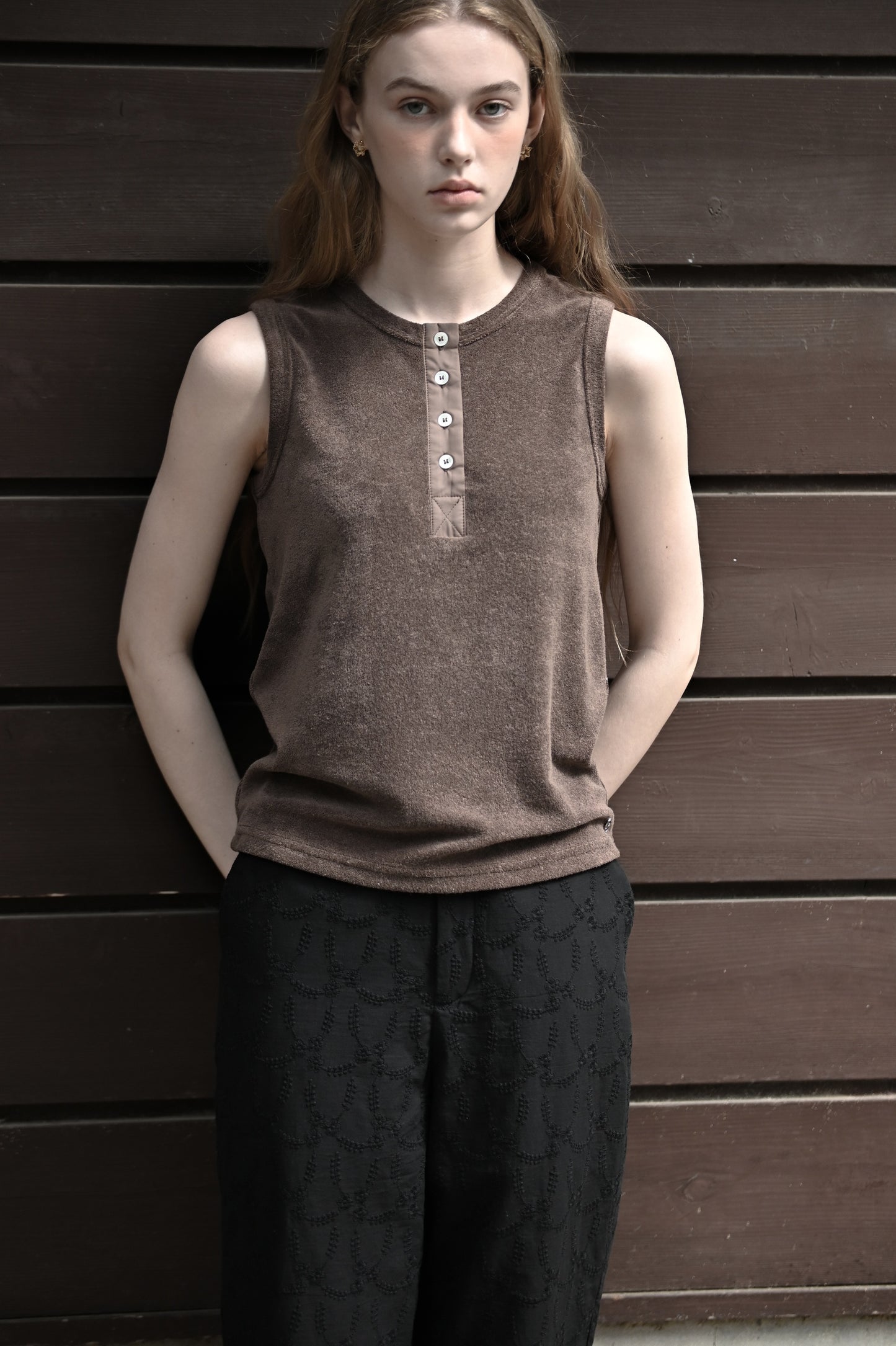 Henley neck pile tank top / brown sugar
