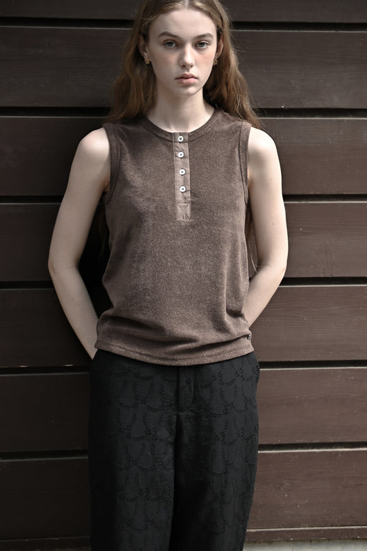 Henley neck pile tank top / brown sugar