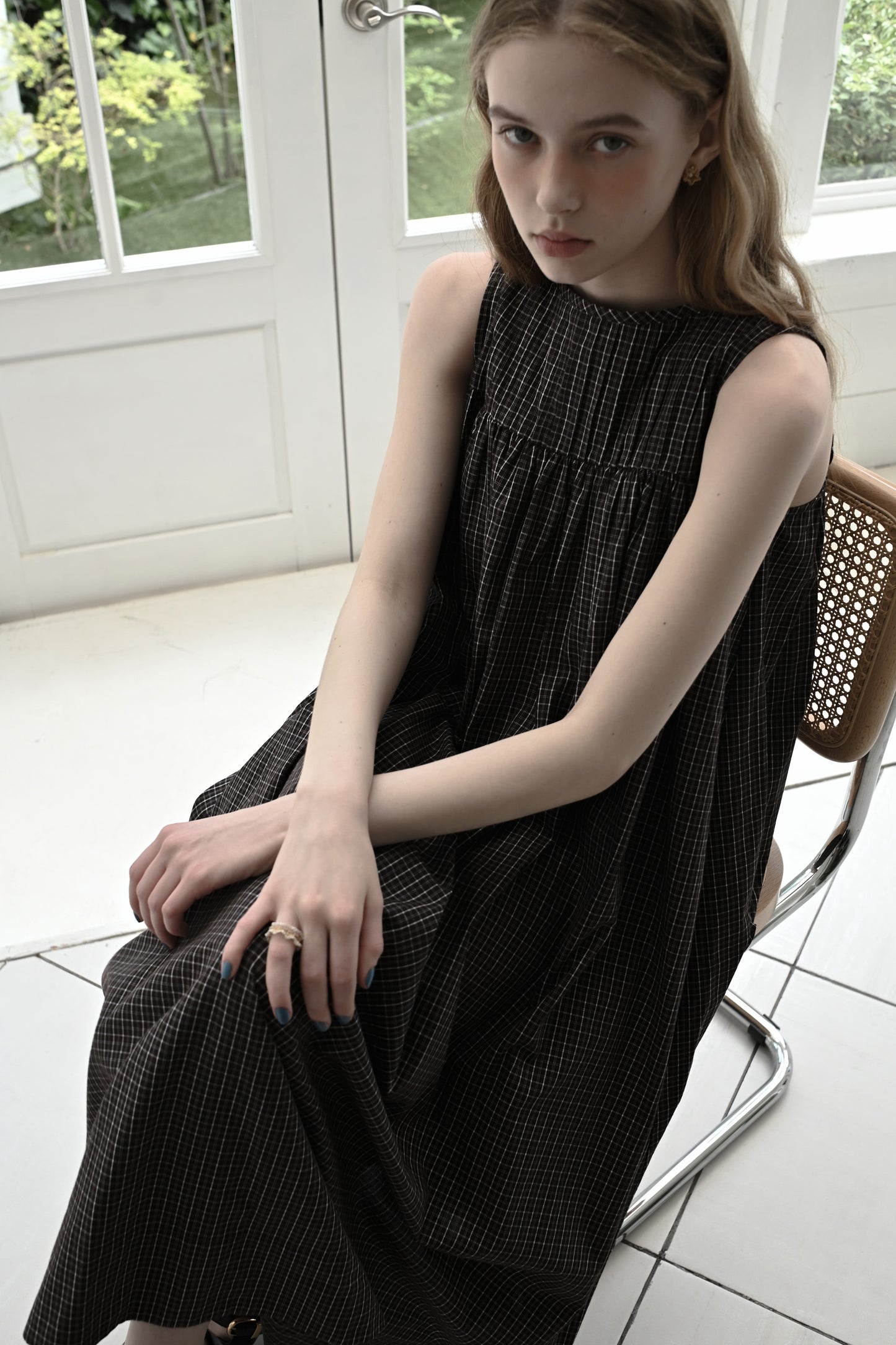 Tattersall check pin tuck dress/brown