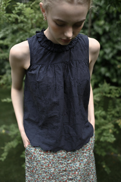 Cotton lace gather tunic / navy
