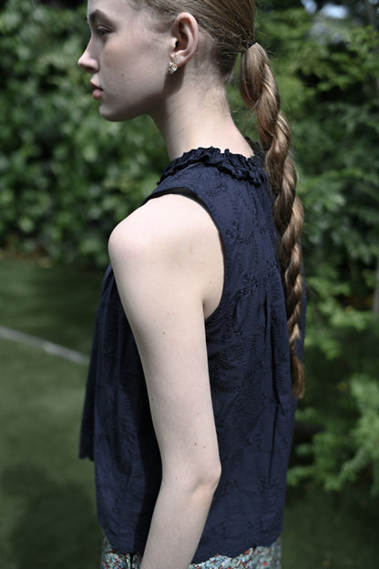 Cotton lace gather tunic / navy