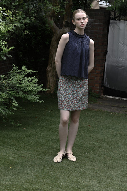 Cotton lace gather tunic / navy