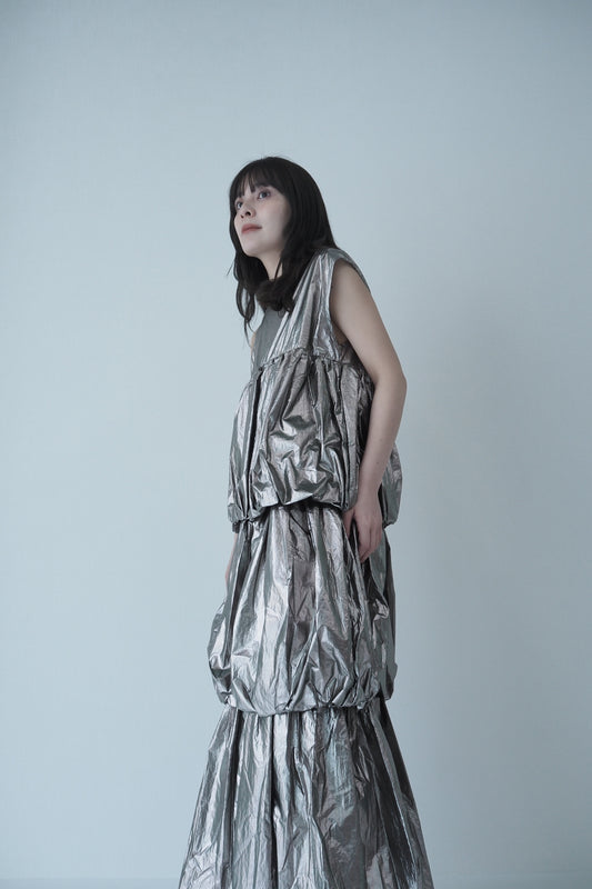 Metallic balloon tiered dress / bronze