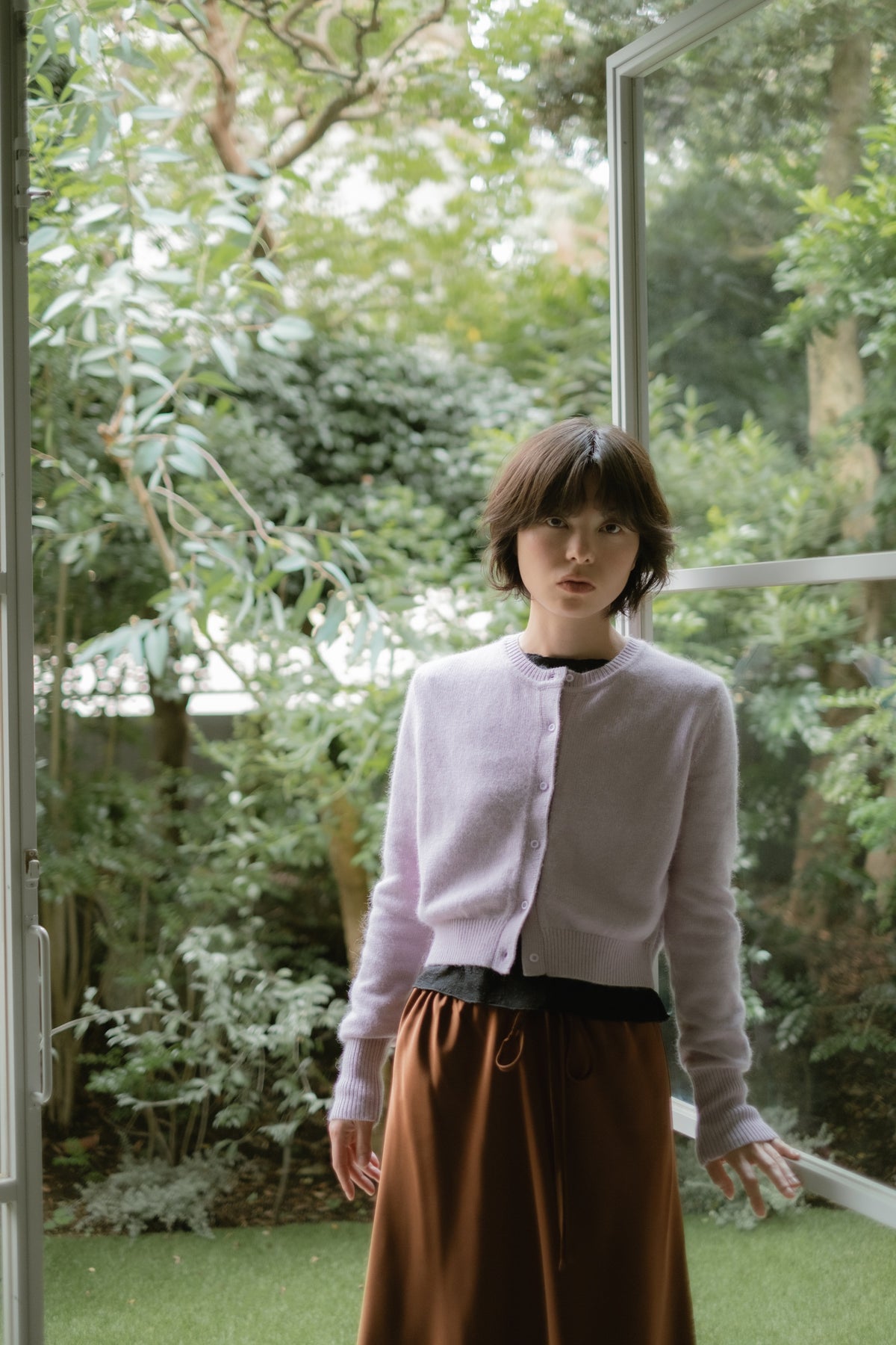 Angora blend plain knit cardigan / Dusty Purple