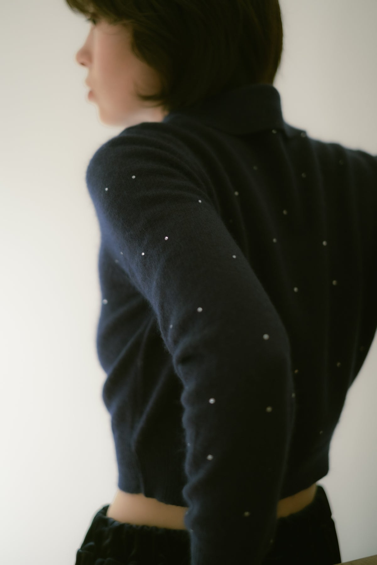 Crystal dot cropped polo knit / Navy