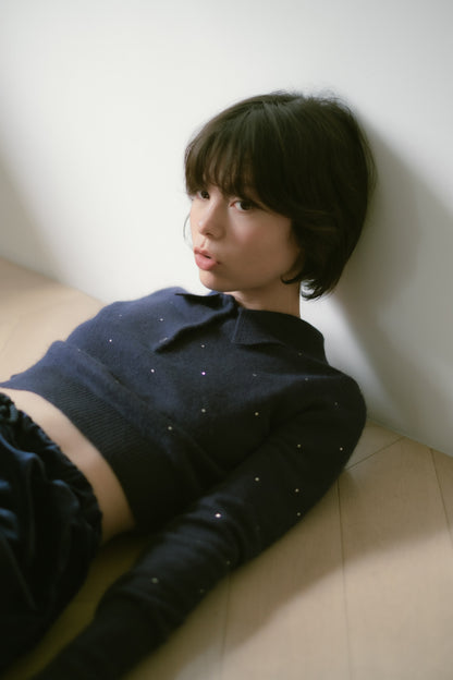 Crystal dot cropped polo knit / Navy