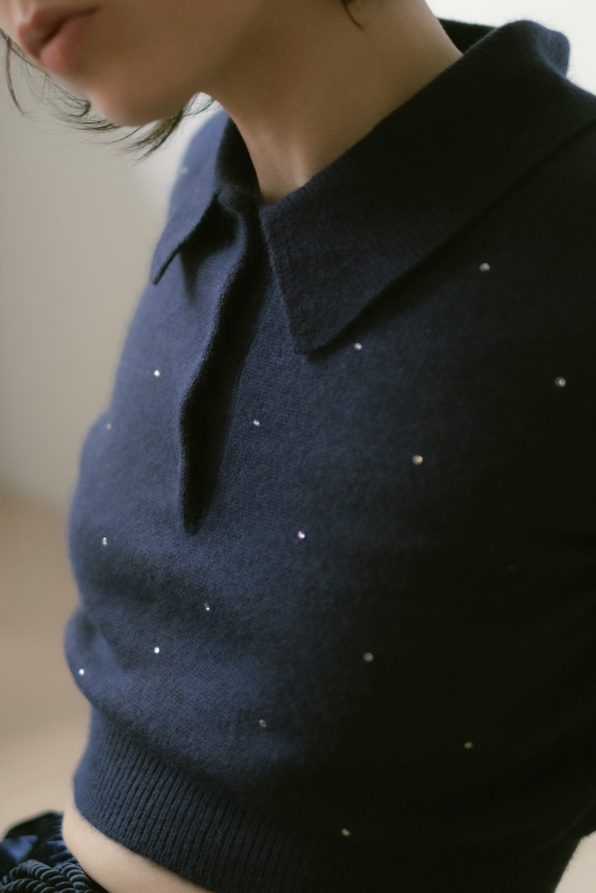 Crystal dot cropped polo knit / Navy